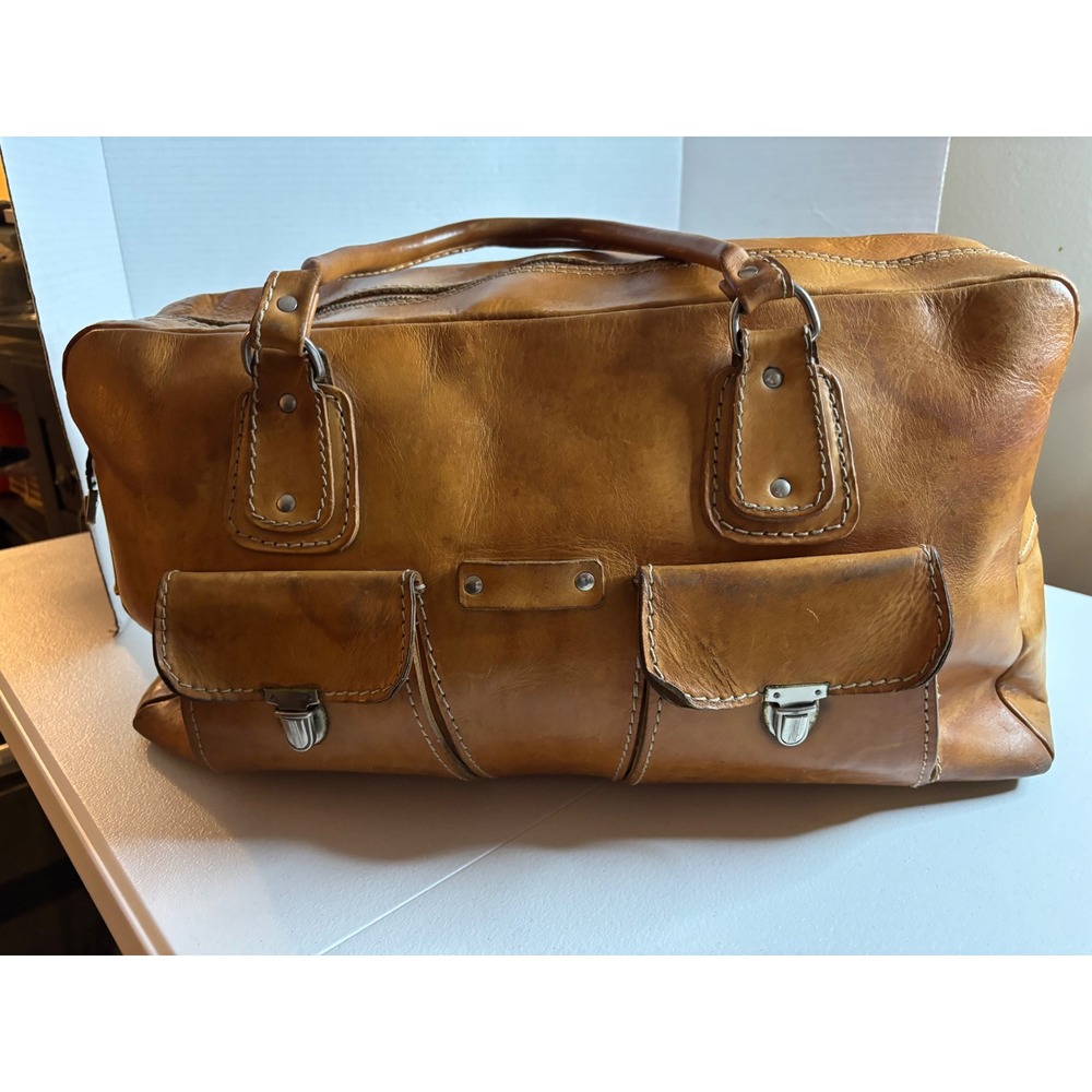 Vintage Tan Leather Duffel Bag Weekend Travel Carry On Luggage Pockets Patina